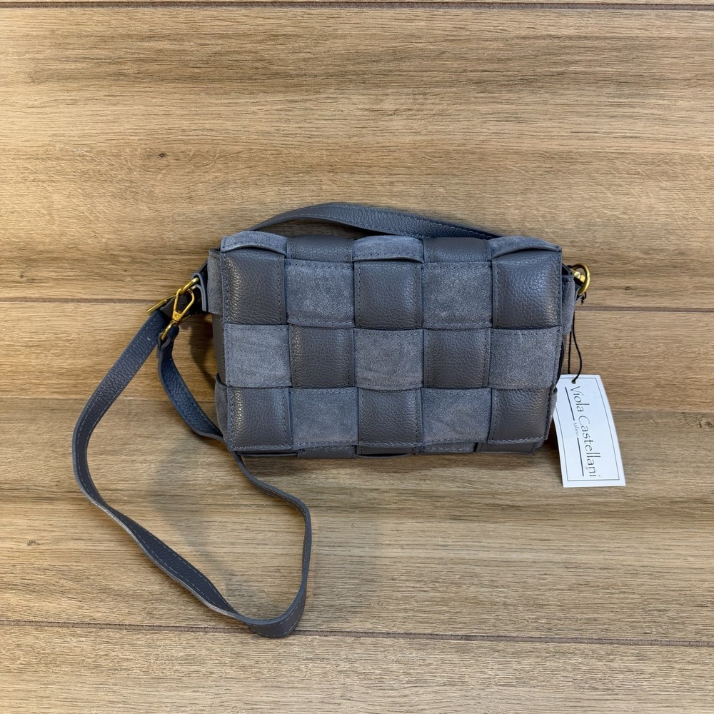 Viola Castellani Woven Suede +‎ Leather Italian Made Padded Crossbody Grey NWT
